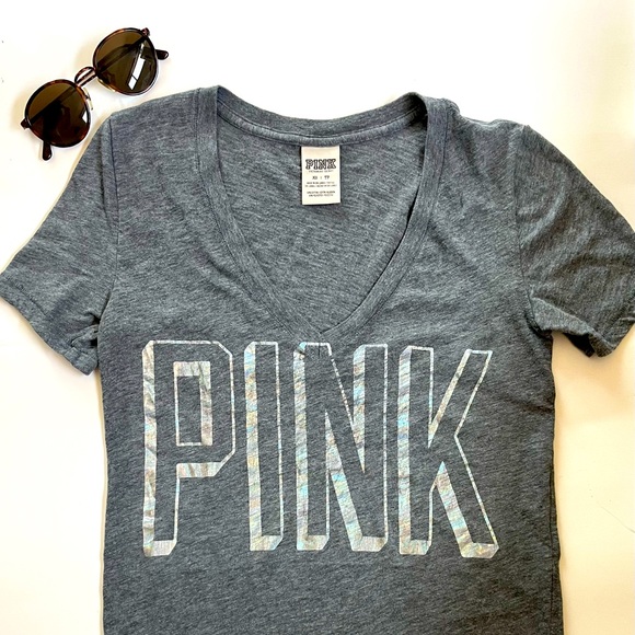 PINK Victoria's Secret Tops - PINK by Victoria's Secret Gray Shirt with iridescent print - Size XS